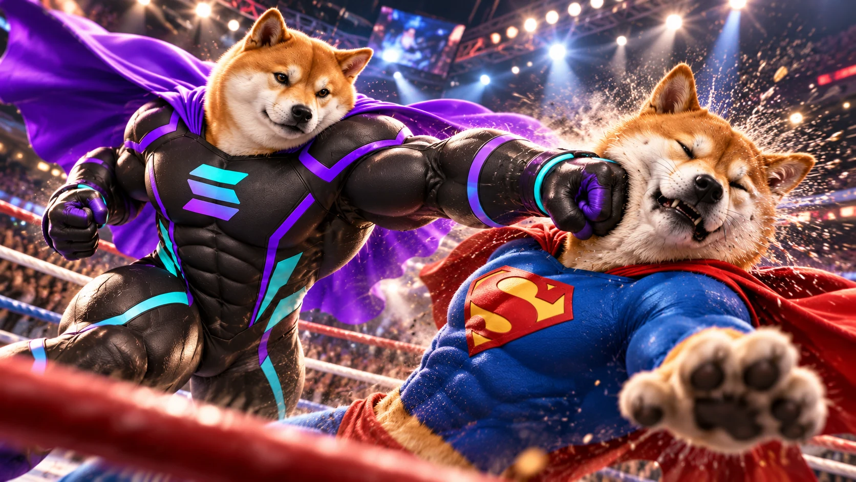 Strong Inu in a superhero boxing match