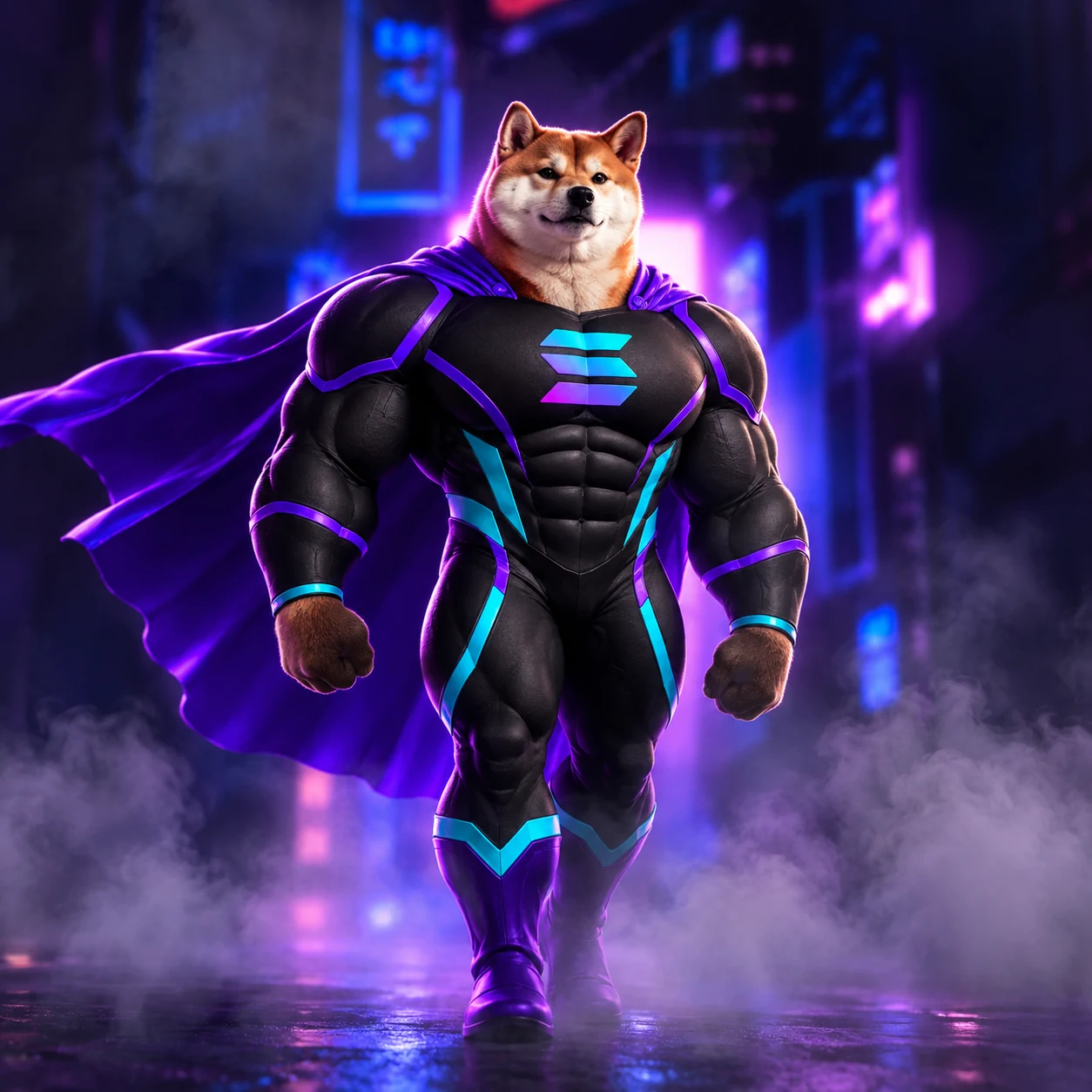 Strong Inu walking through a neon city