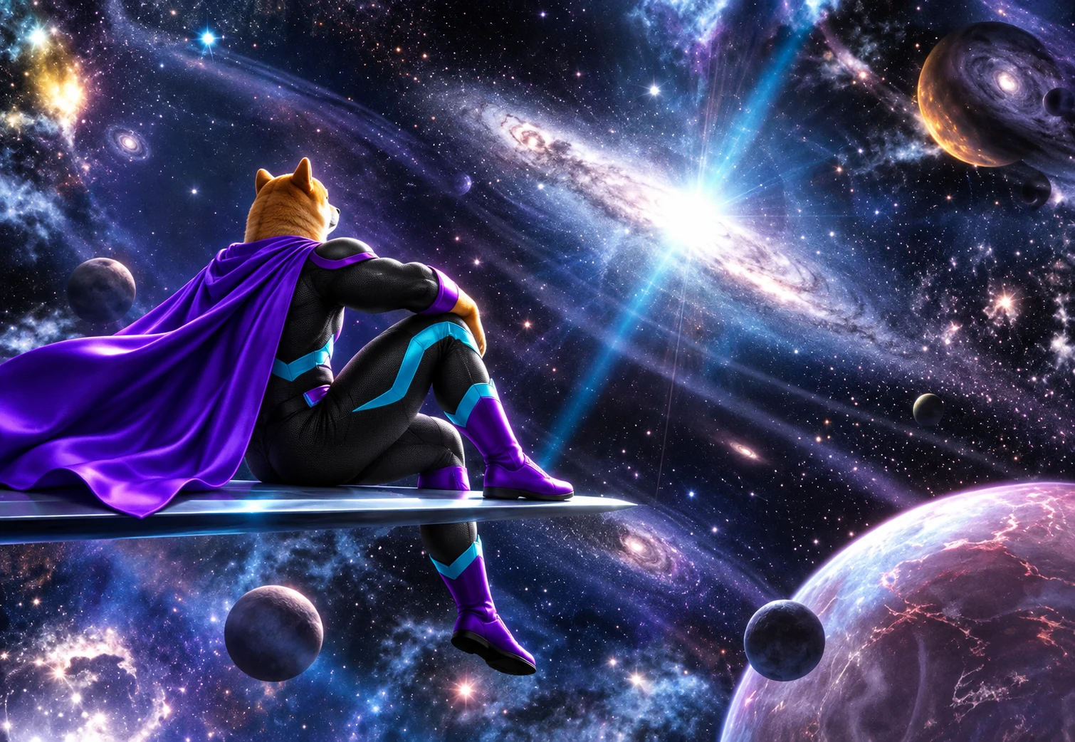 Strong Inu looking out across the galaxies