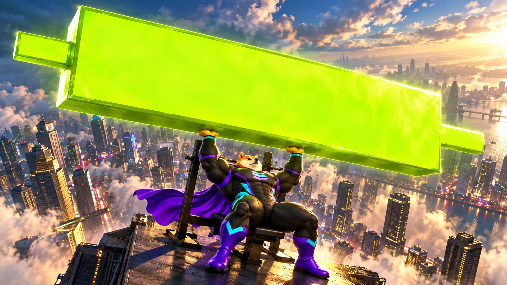 Strong Inu lifting a giant green bar above the city