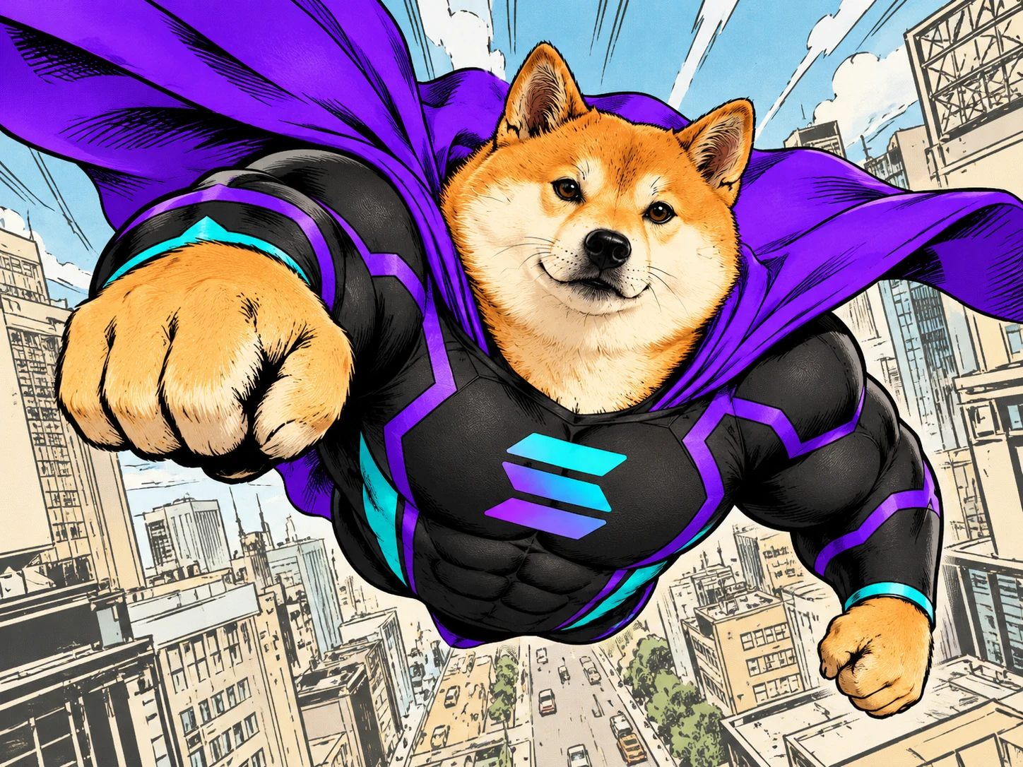 Comic Strong Inu flying over the city