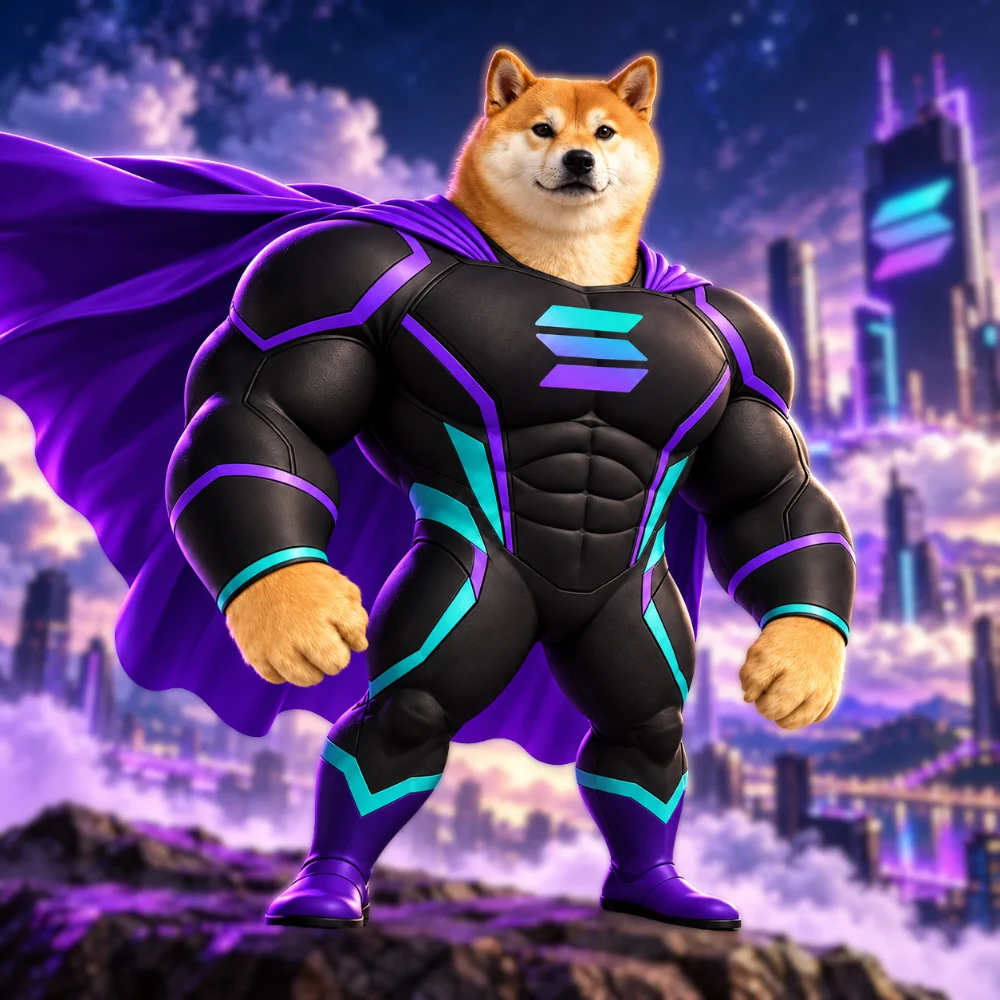 Strong Inu standing above a futuristic skyline