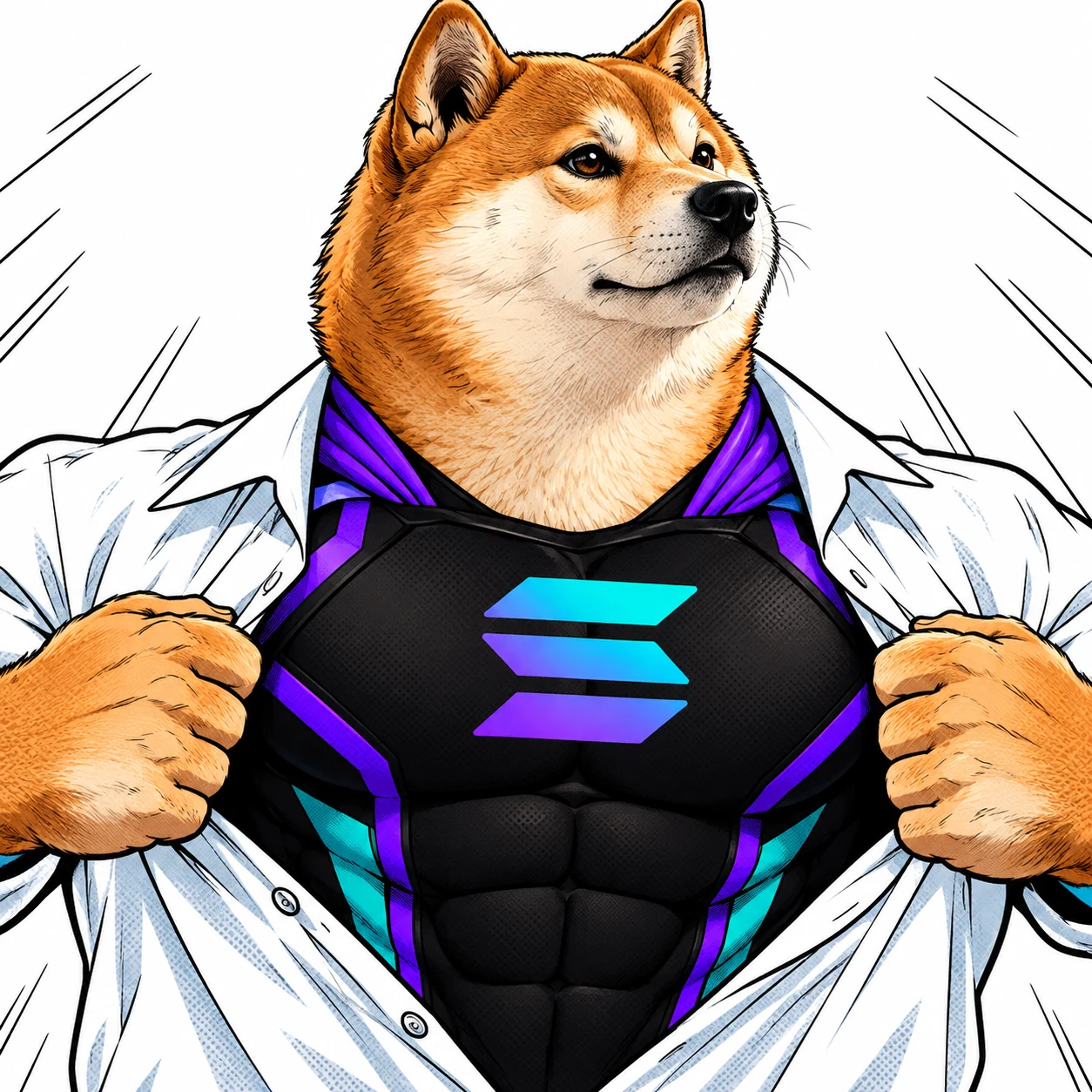 Strong Inu revealing his superhero suit