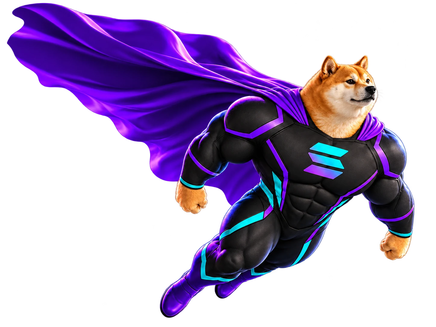Strong Inu superhero floating through space in a purple cape