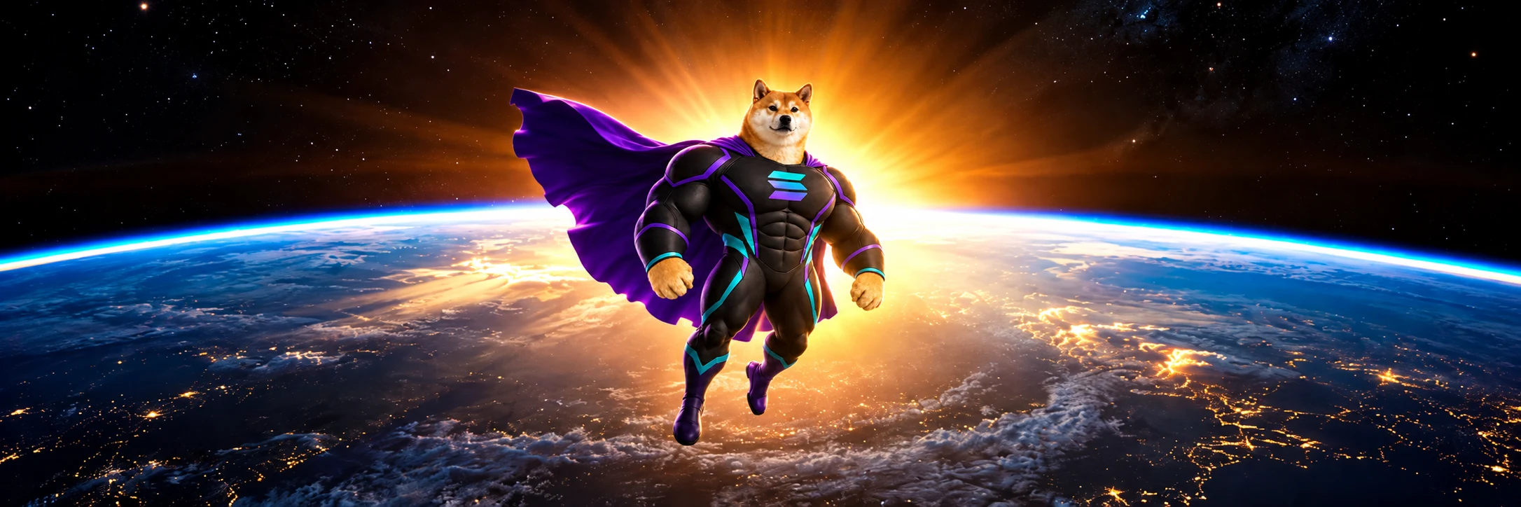 Strong Inu hovering above Earth at sunrise